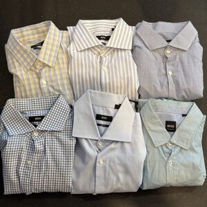6 Boss Dress Shirts Button Down LARGE SLIM FIT Hugo Blue 16.5 Neck
